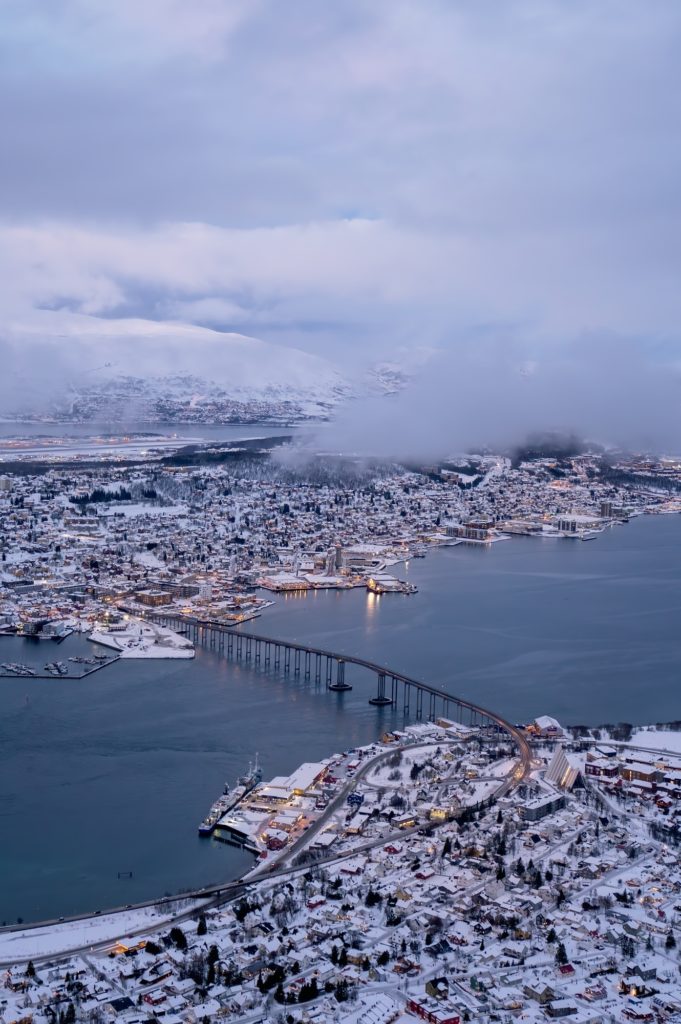 Aerial view to the city of Tromso in winter