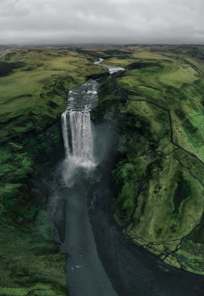 Skogafoss waterfall from aerial view