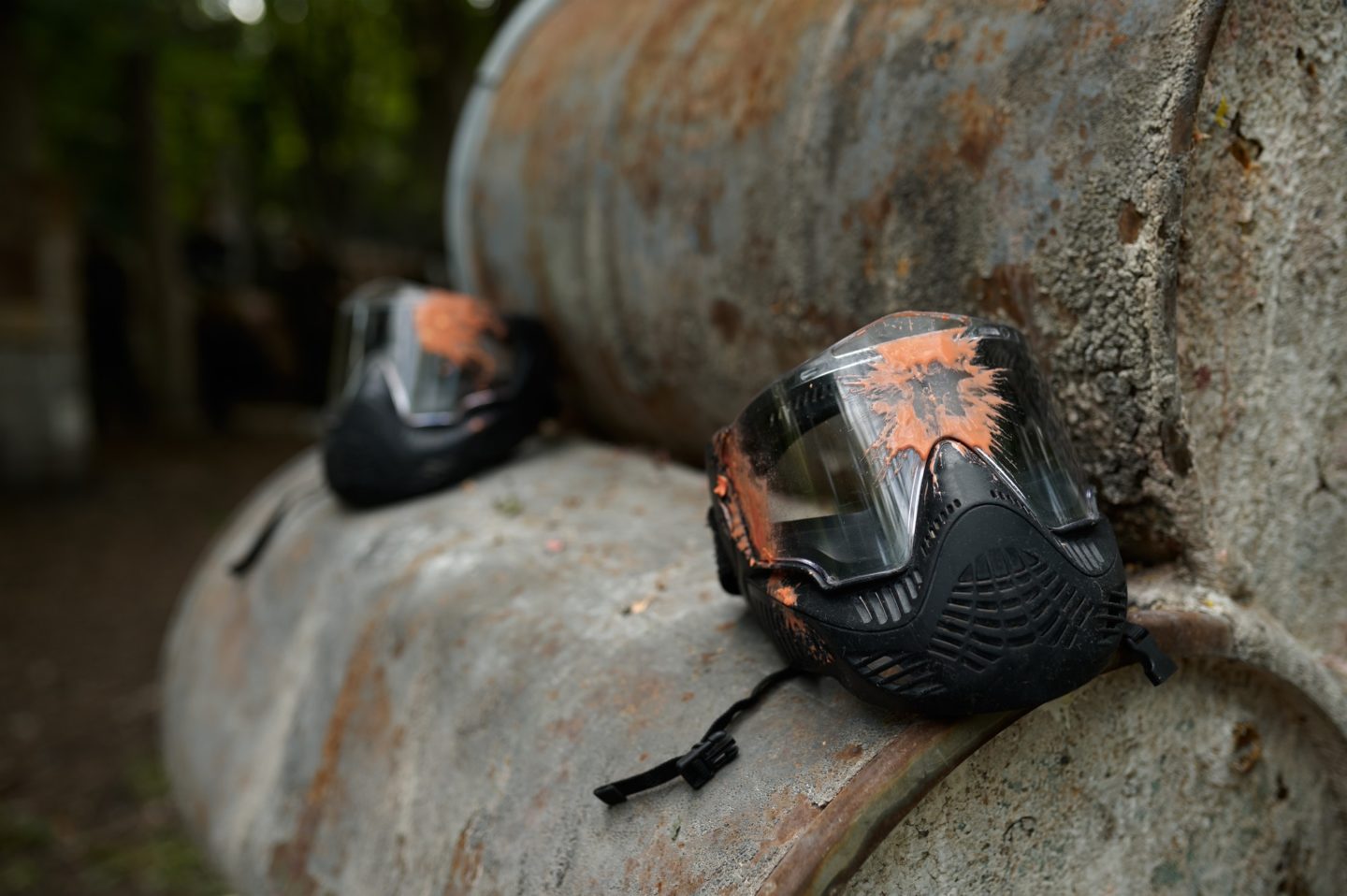 Paintball protection mask with paint closeup