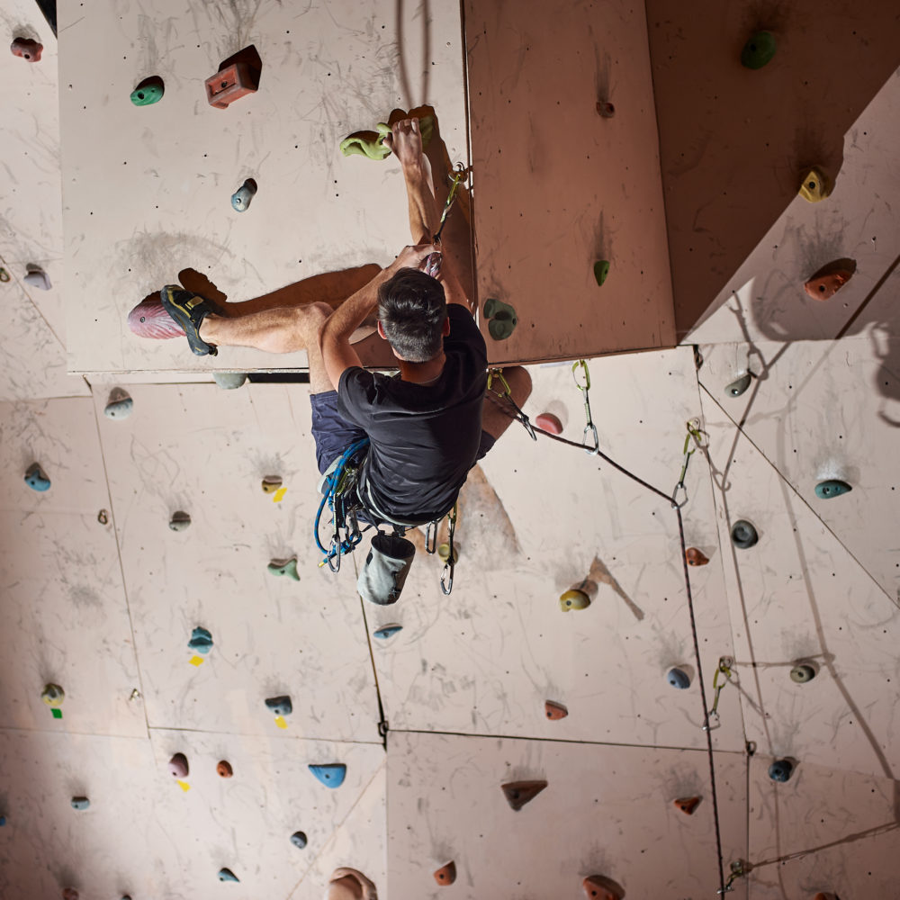 Rear view muscular man practicing rock-climbing on rock wall indoors