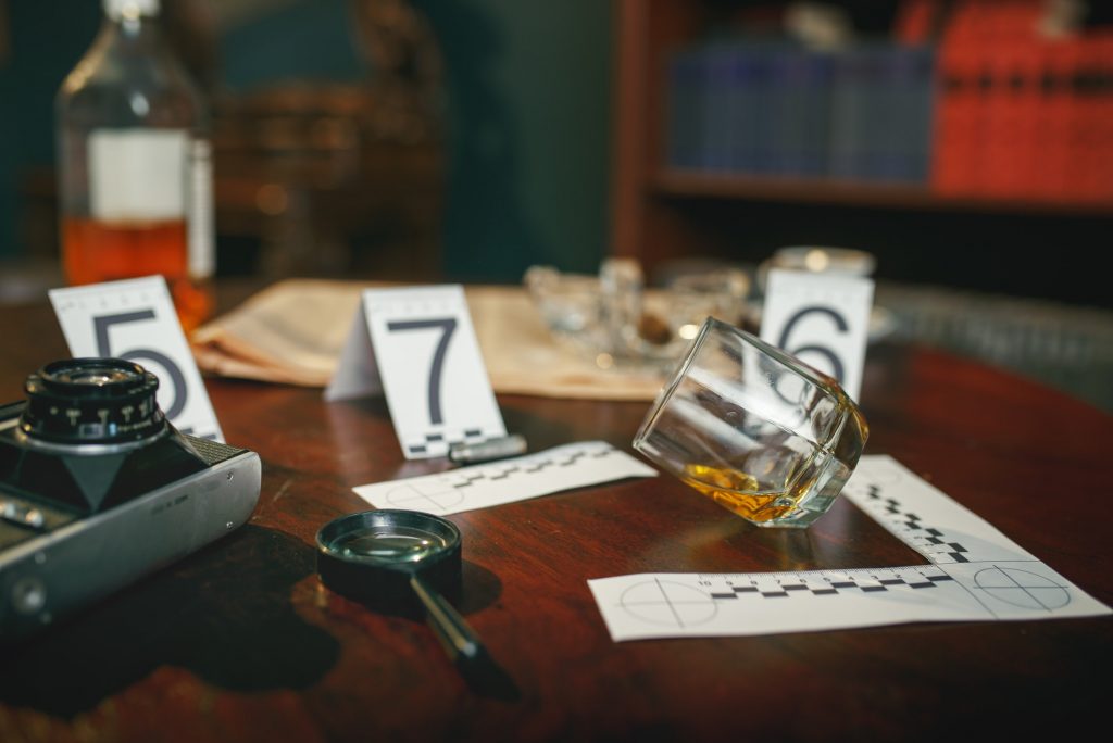 Crime scene, evidence with numbers on the table