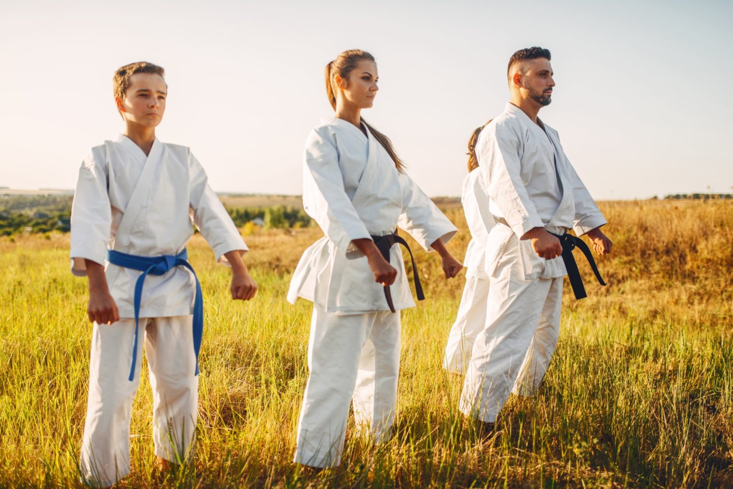 Karate group on training in summer field