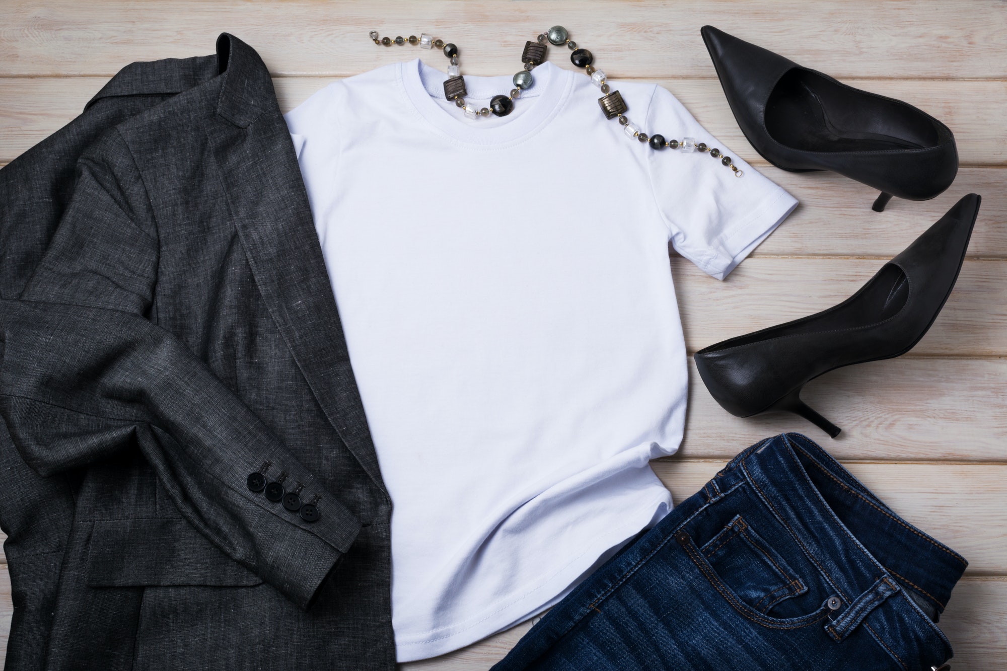 Women T-shirt mockup with high heels, murano necklace and blazer