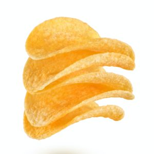 Stack of potato chips isolated on white background