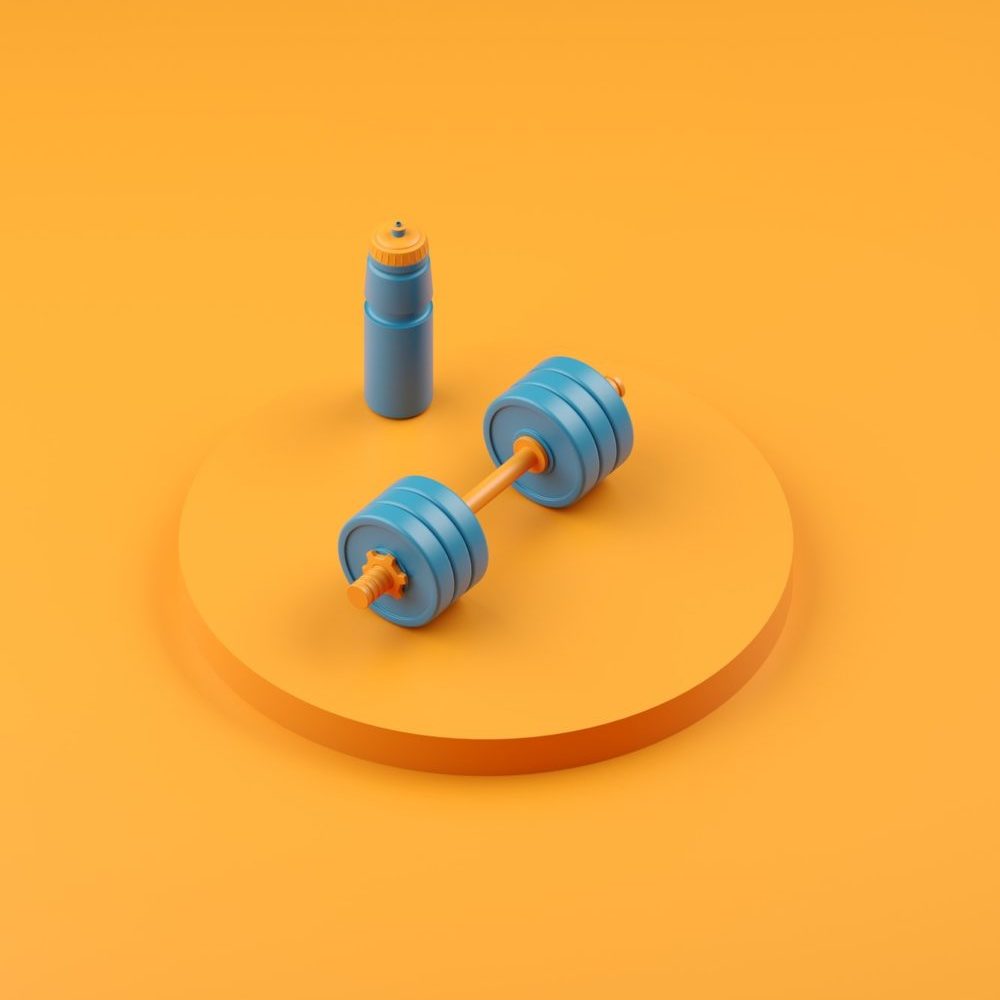 3d render. Abstract color minimalistic background design. A heavy dumbbell lies on the podium