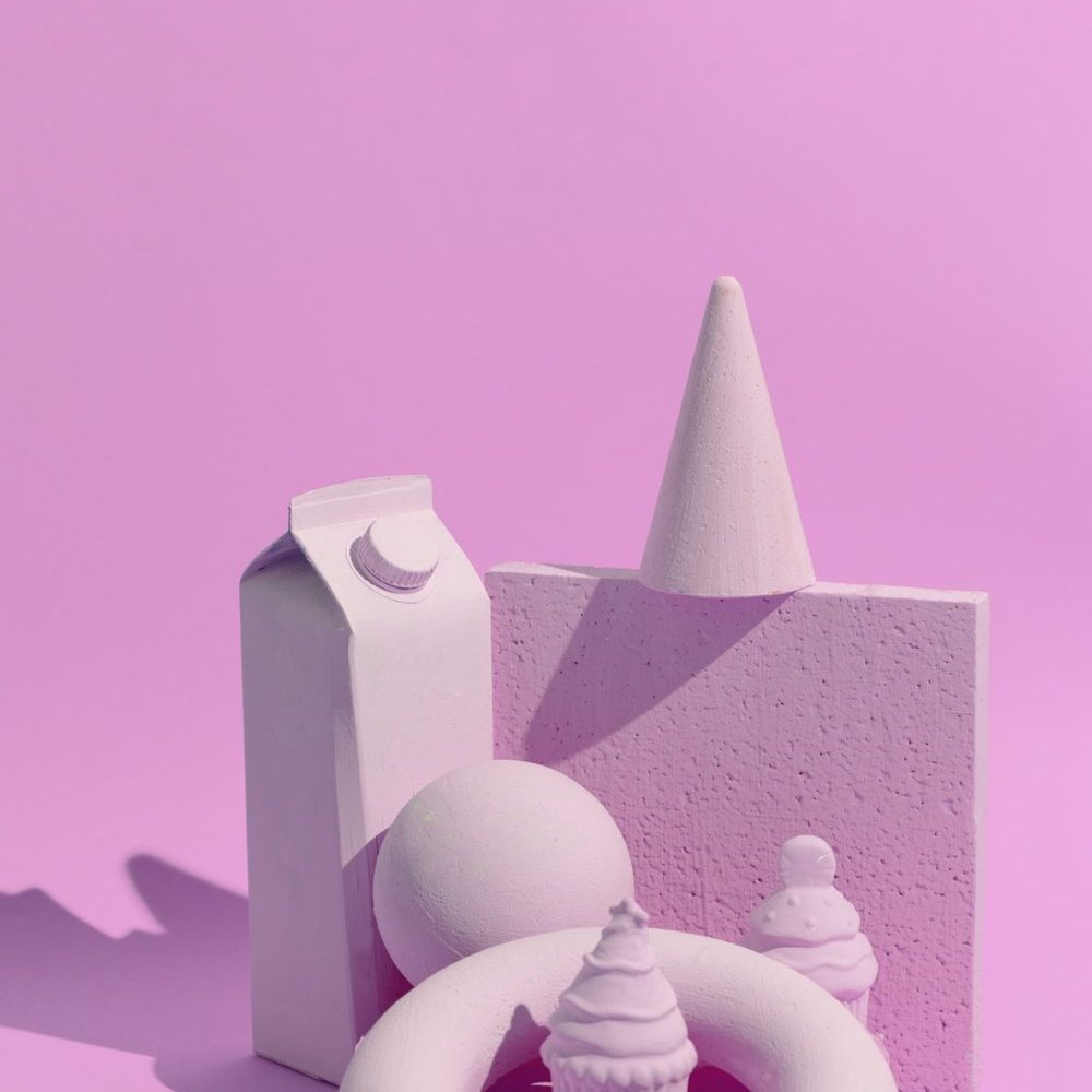 Abstract geometry figure and minimal objects. Pink trendy monochrome colours design. Still life art