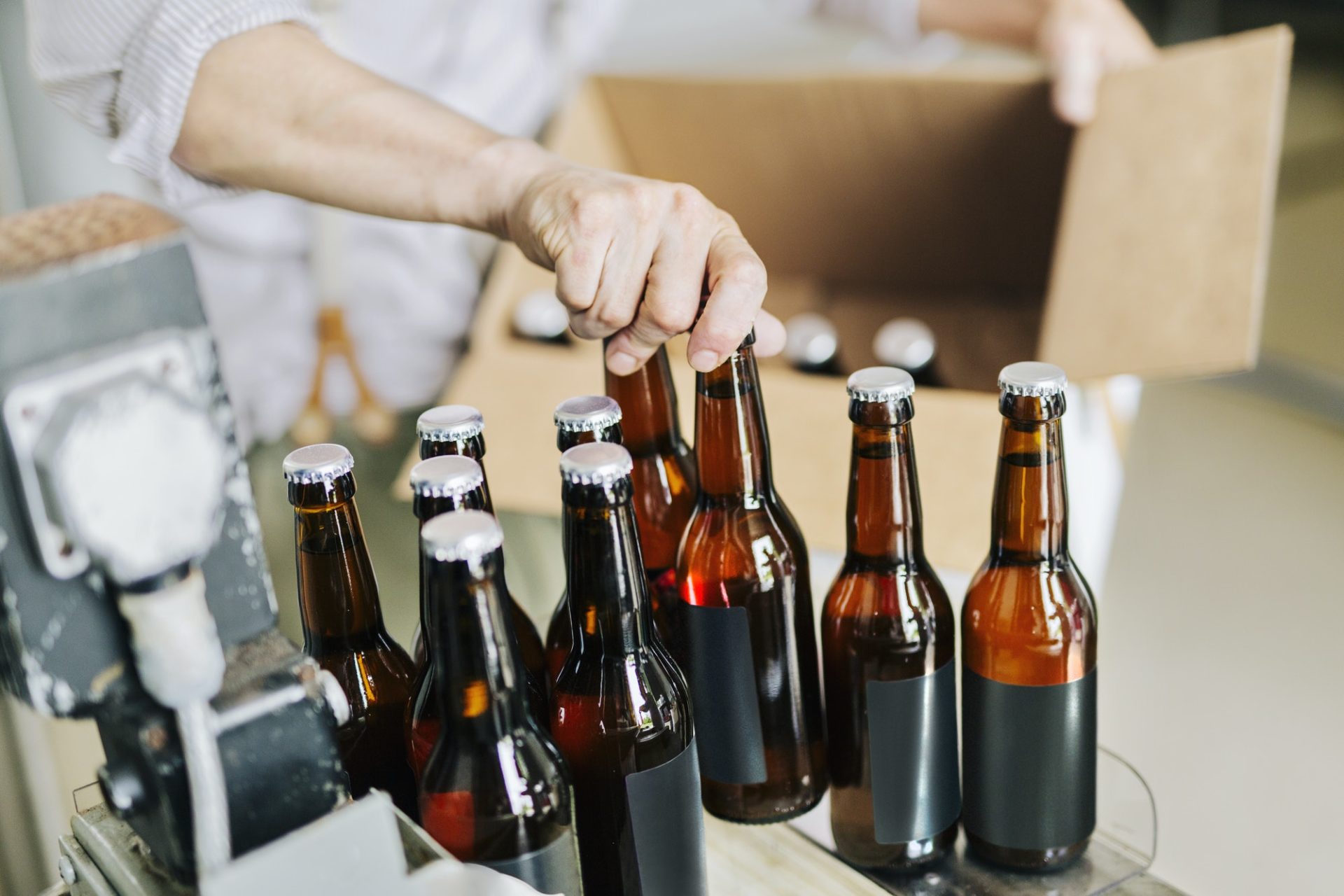 Brewery worker preparing beer bottles