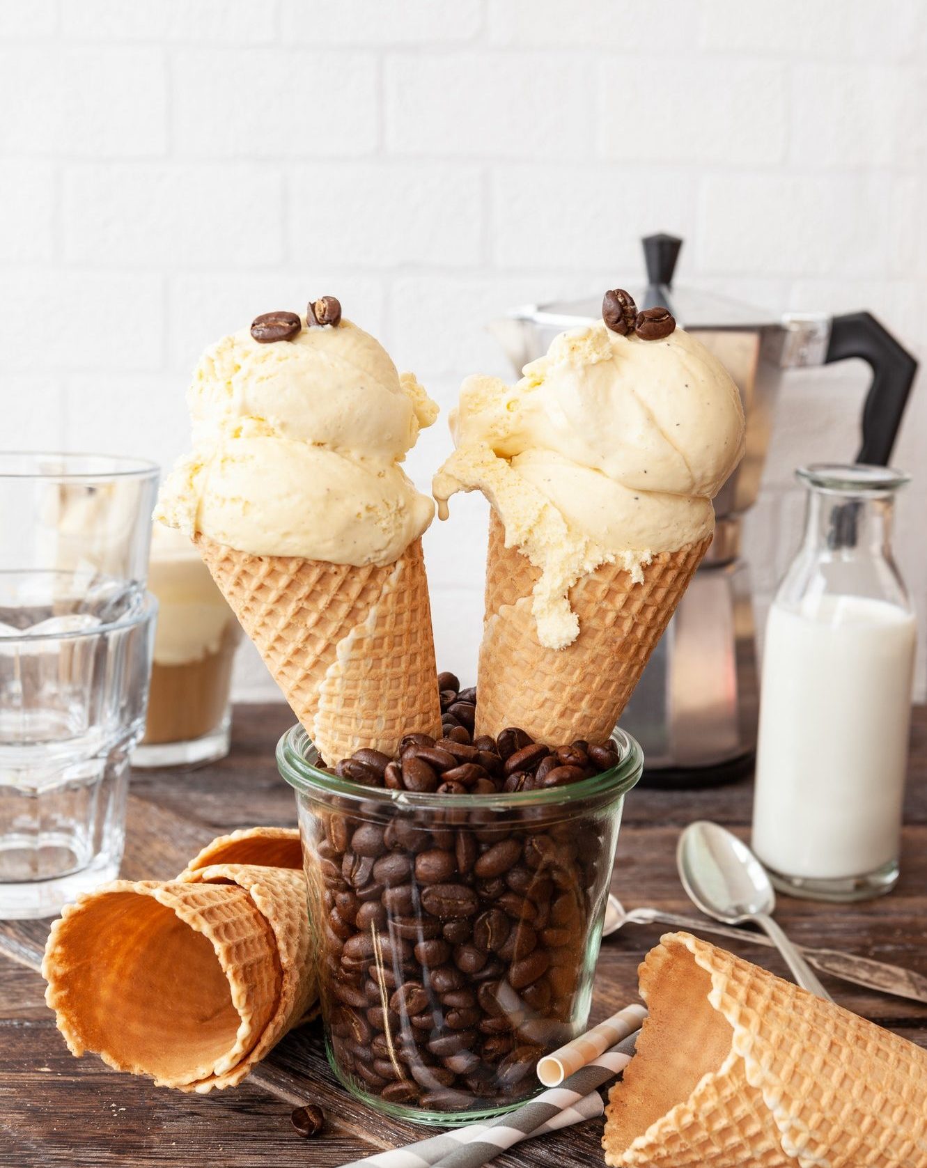 Scoops of ice cream in waffle cones