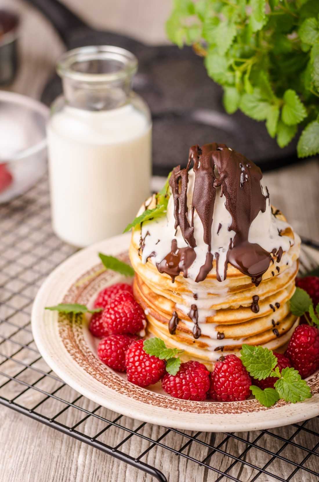 American pancakes with icecream and chocolate