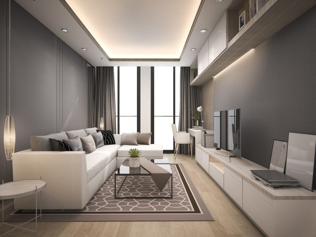 3d rendering luxury and modern living room with good design leather sofa
