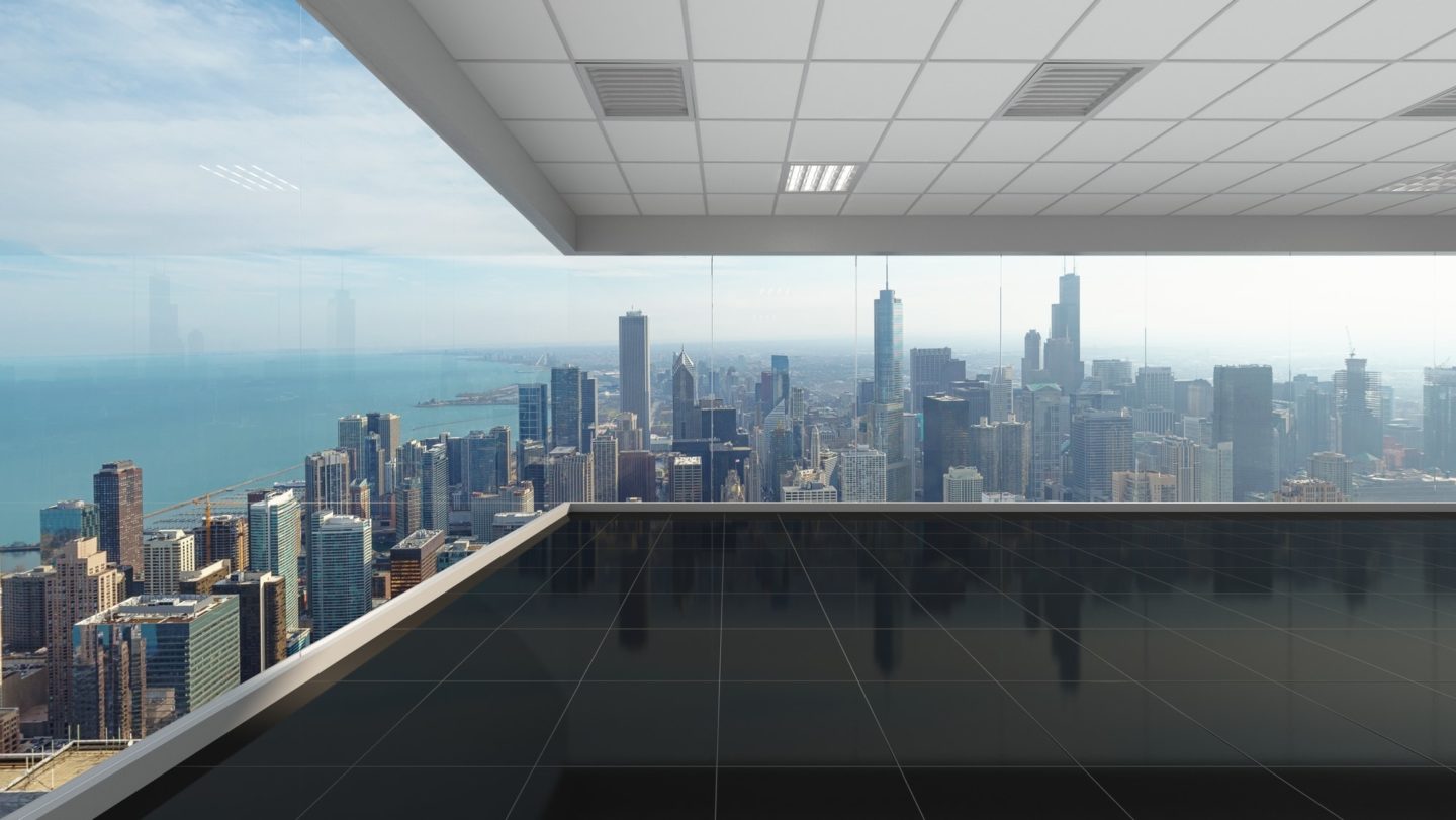 3d rendering empty office with chicago city background, interior illustration