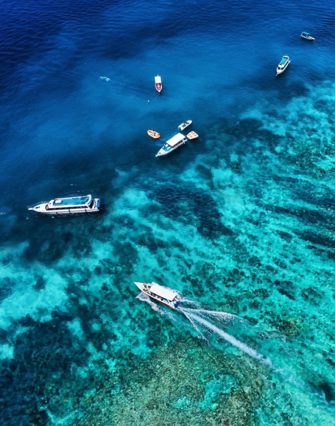 The view from the air on boats near the shore. Bali Island, Indonesia