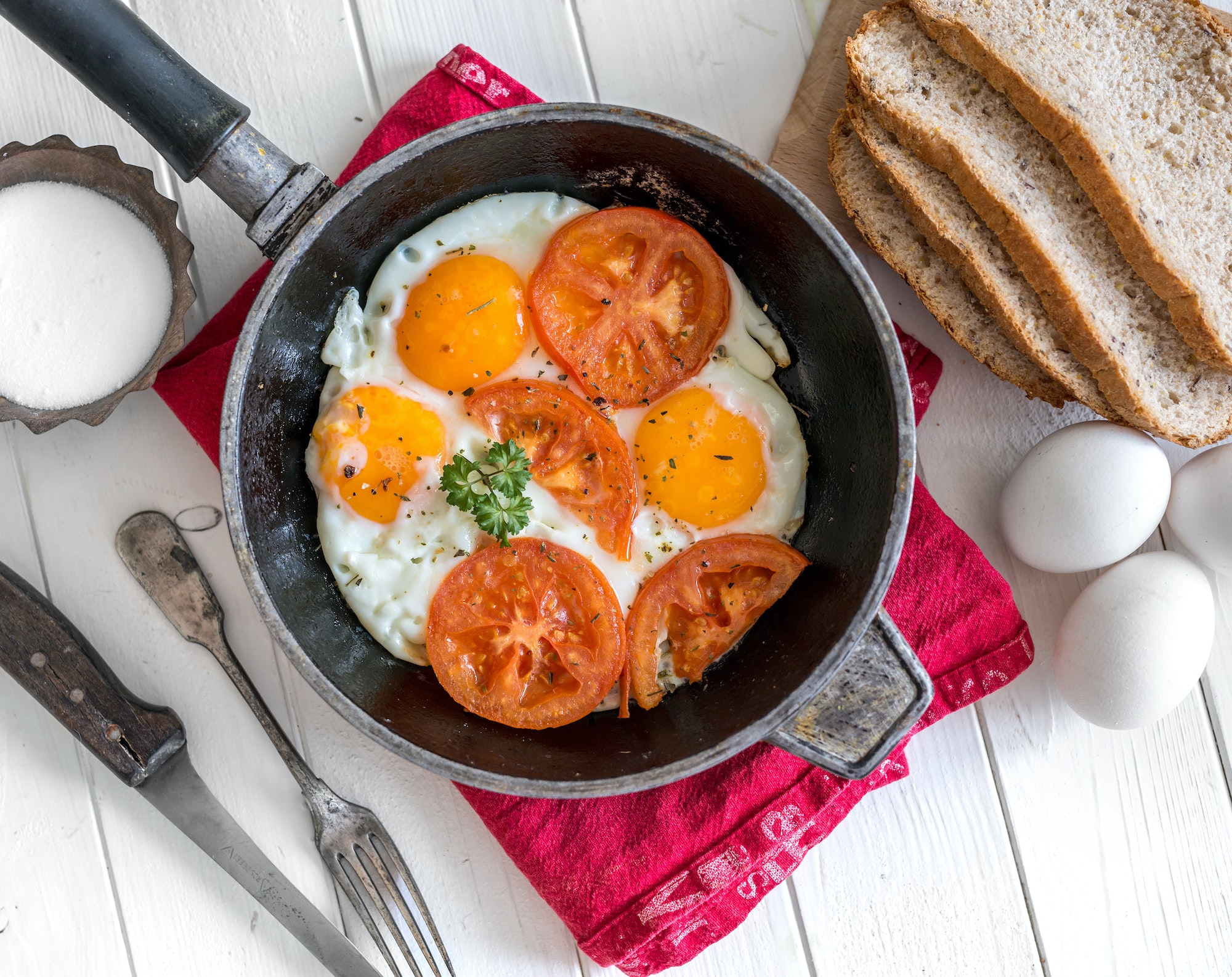 eggs overeasy in a frying pan, topview