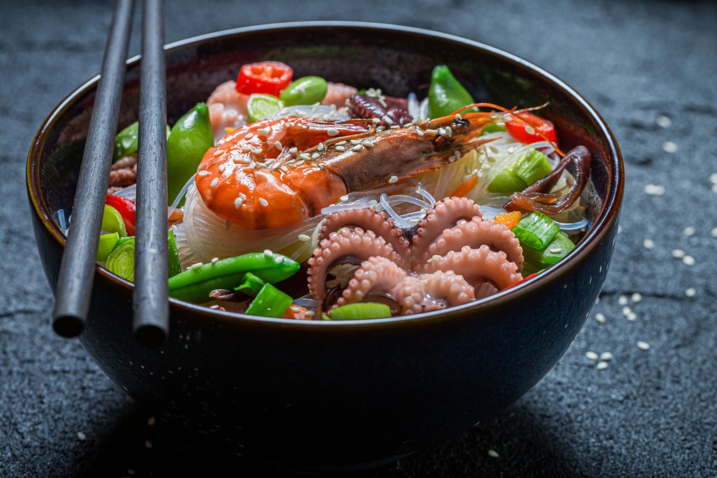 Tasty seafood noodle with prawn and octopus. Classic seafood noodle.