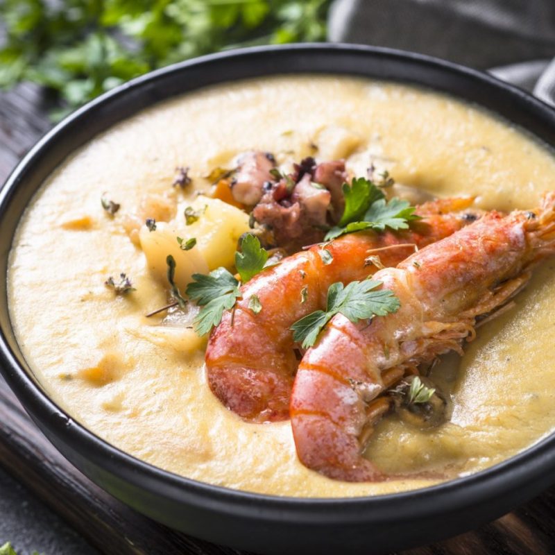 Chowder soup with seafood and prawn shrimps