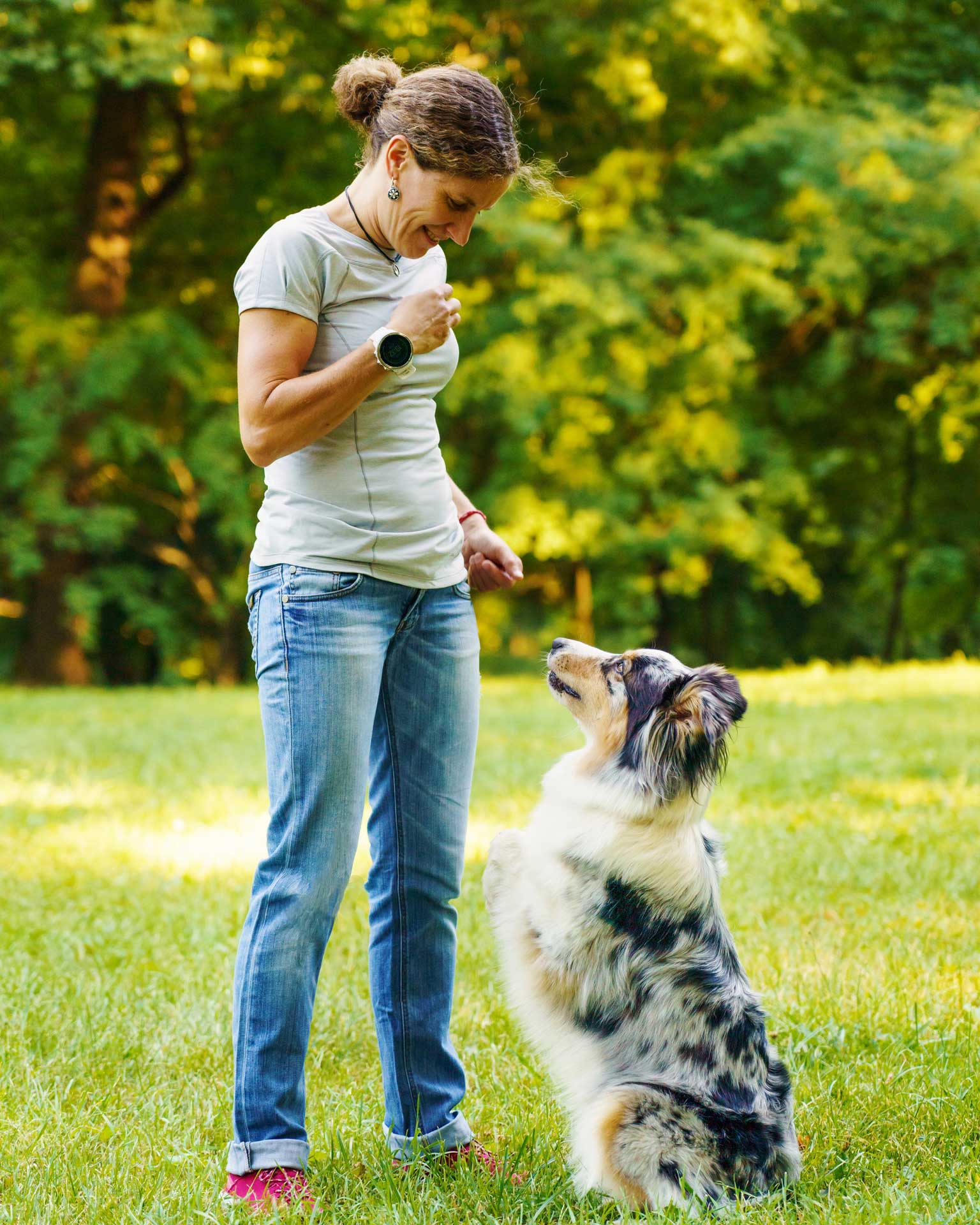 Woman teaching adorable smart dog Australian Shepherd new commands during obedience training in