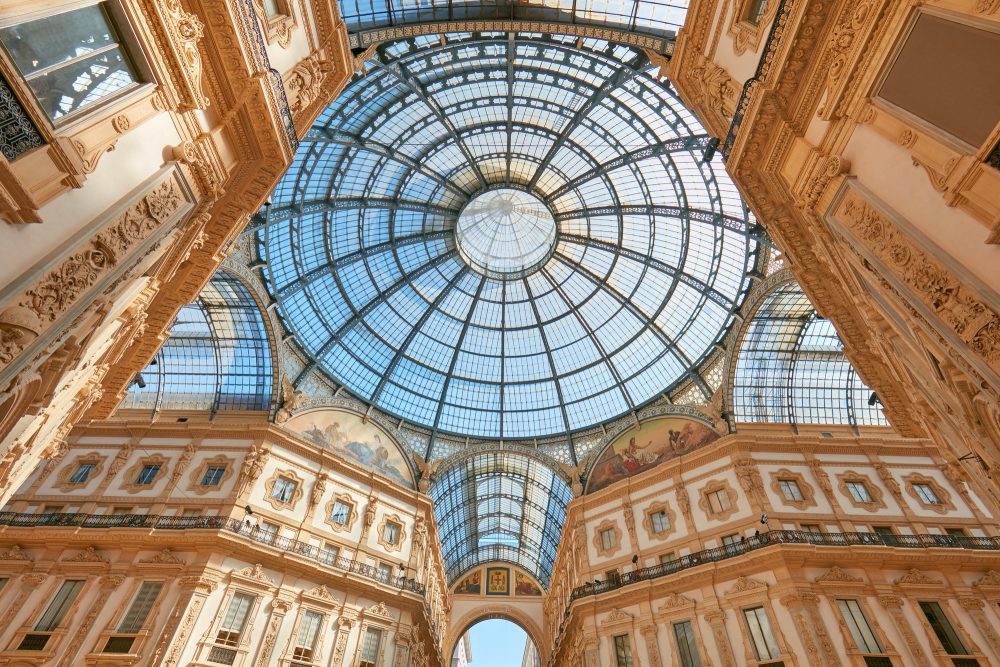 Milan, Vittorio Emanuele gallery interior, low angle view in Italy