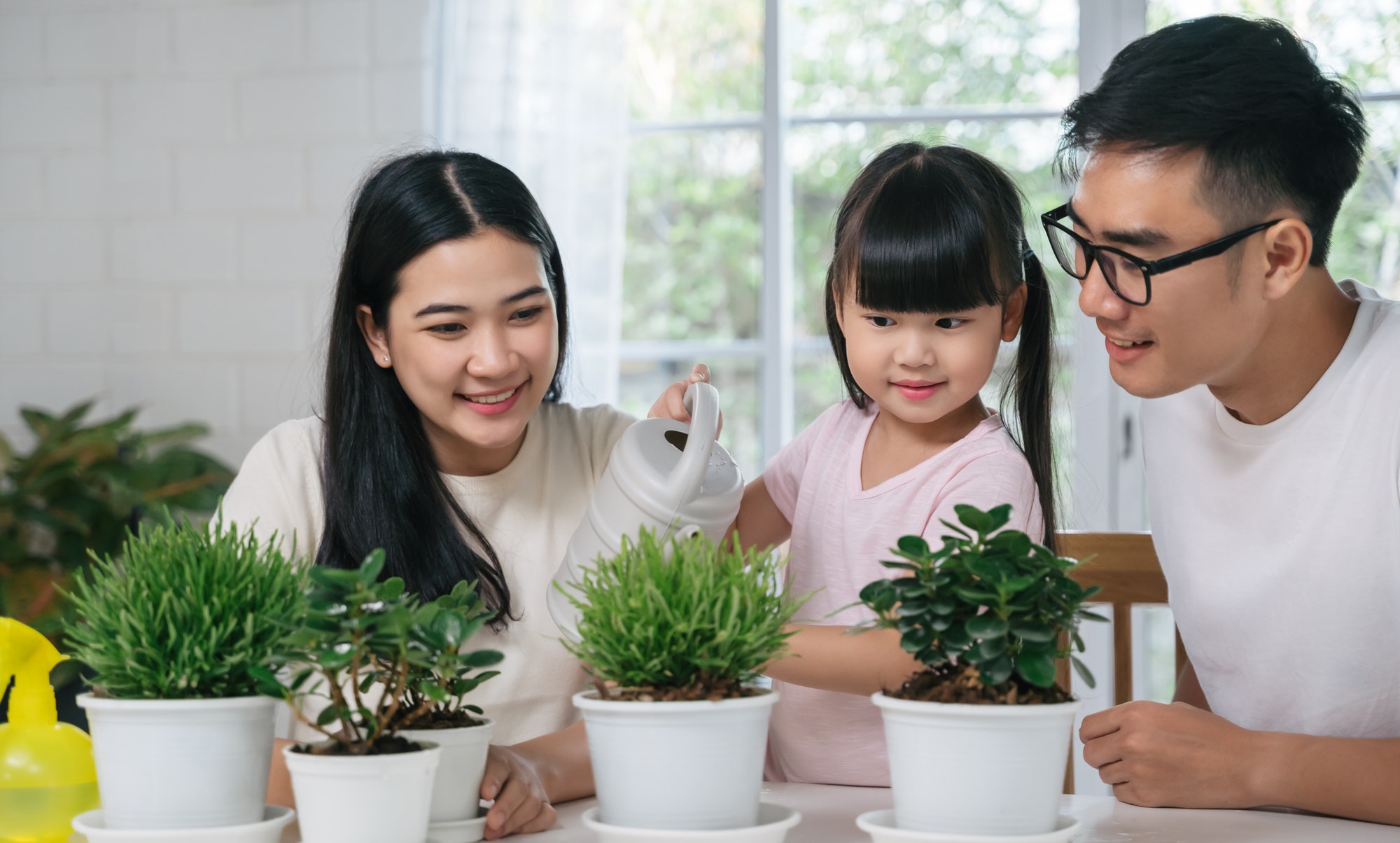 Asian family watering the plants flowers for home gardening