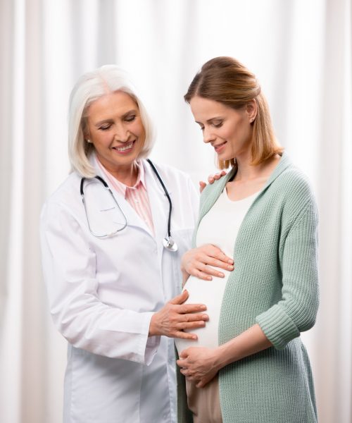 doctor examining young pregnant woman during medical consultation