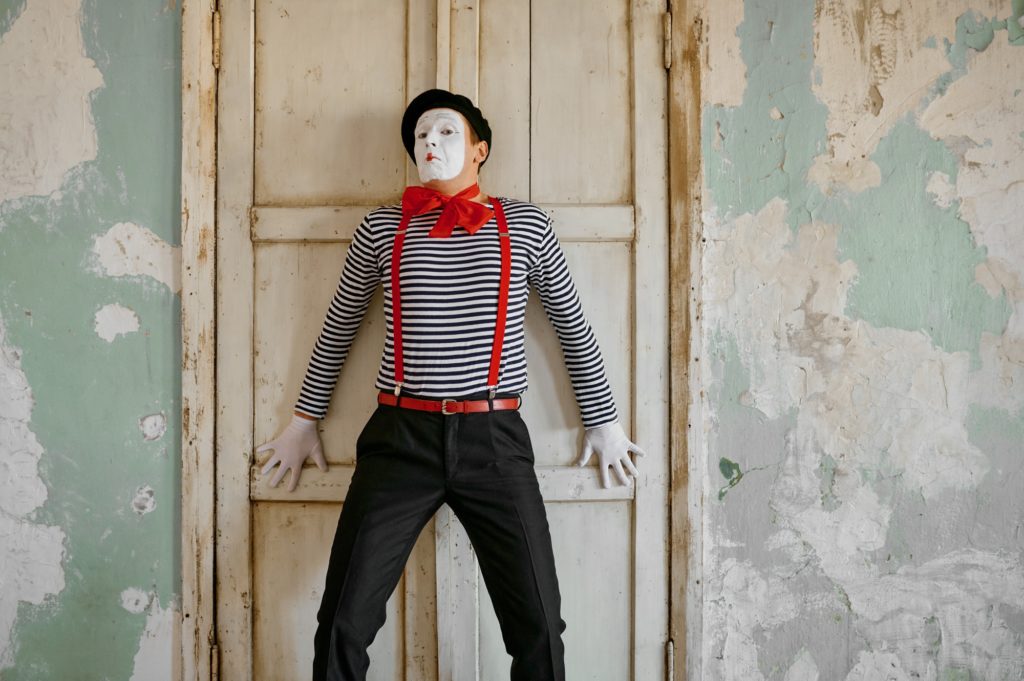 Male clown, mime artist, parody comedy