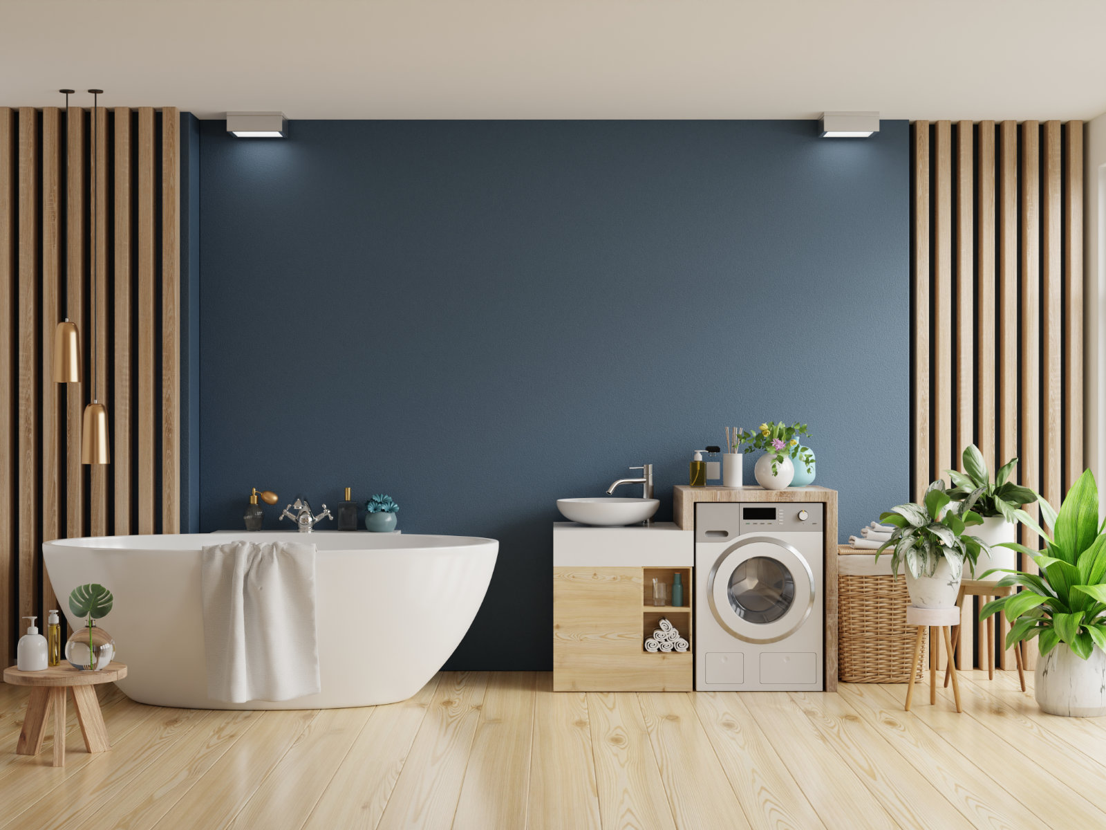 Bathroom interior with white bathtub on dark blue wall.3d rendering