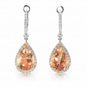 Beautiful peach pink morganite Diamond gemstone cushion cut teardrop drop dangle diamond earrings.