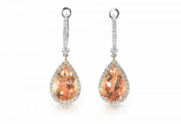 Beautiful peach pink morganite Diamond gemstone cushion cut teardrop drop dangle diamond earrings.
