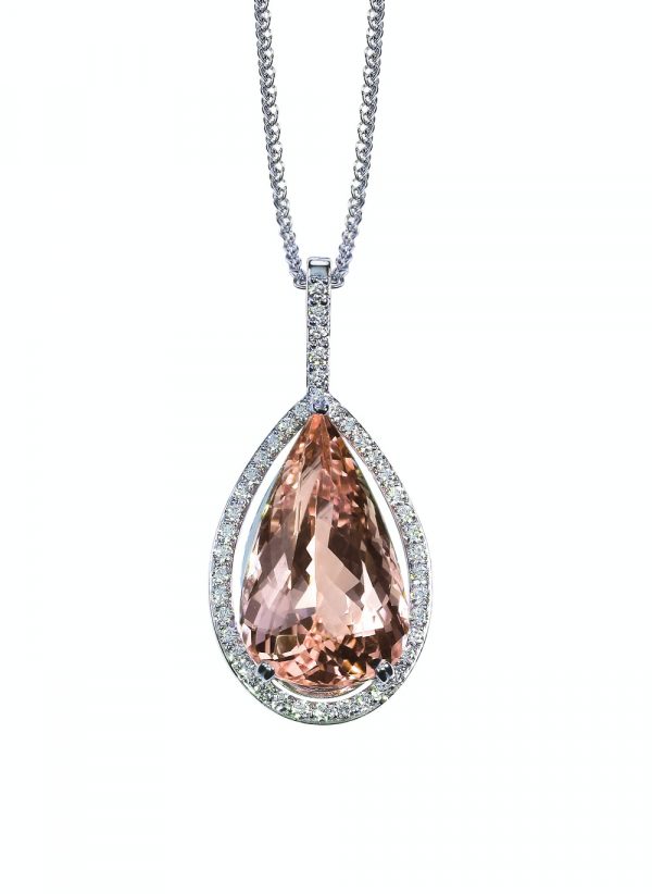Peach Pink Morganite Diamond drop pear shape gemstone halo pendant necklace on a chain
