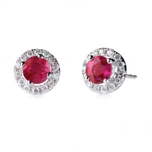 Red ruby halo setting diamond stud earrings set