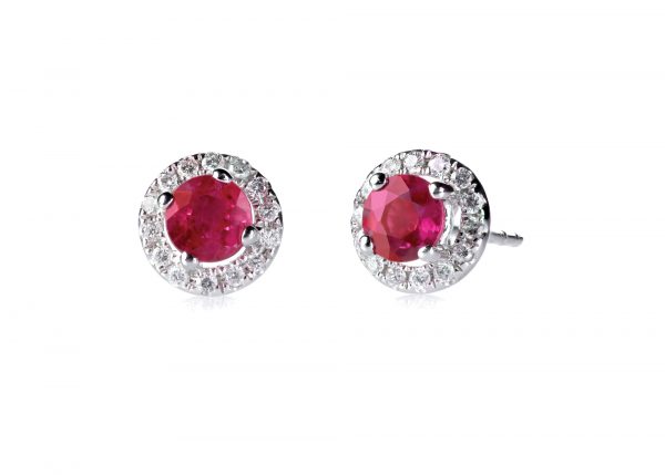 Red ruby halo setting diamond stud earrings set