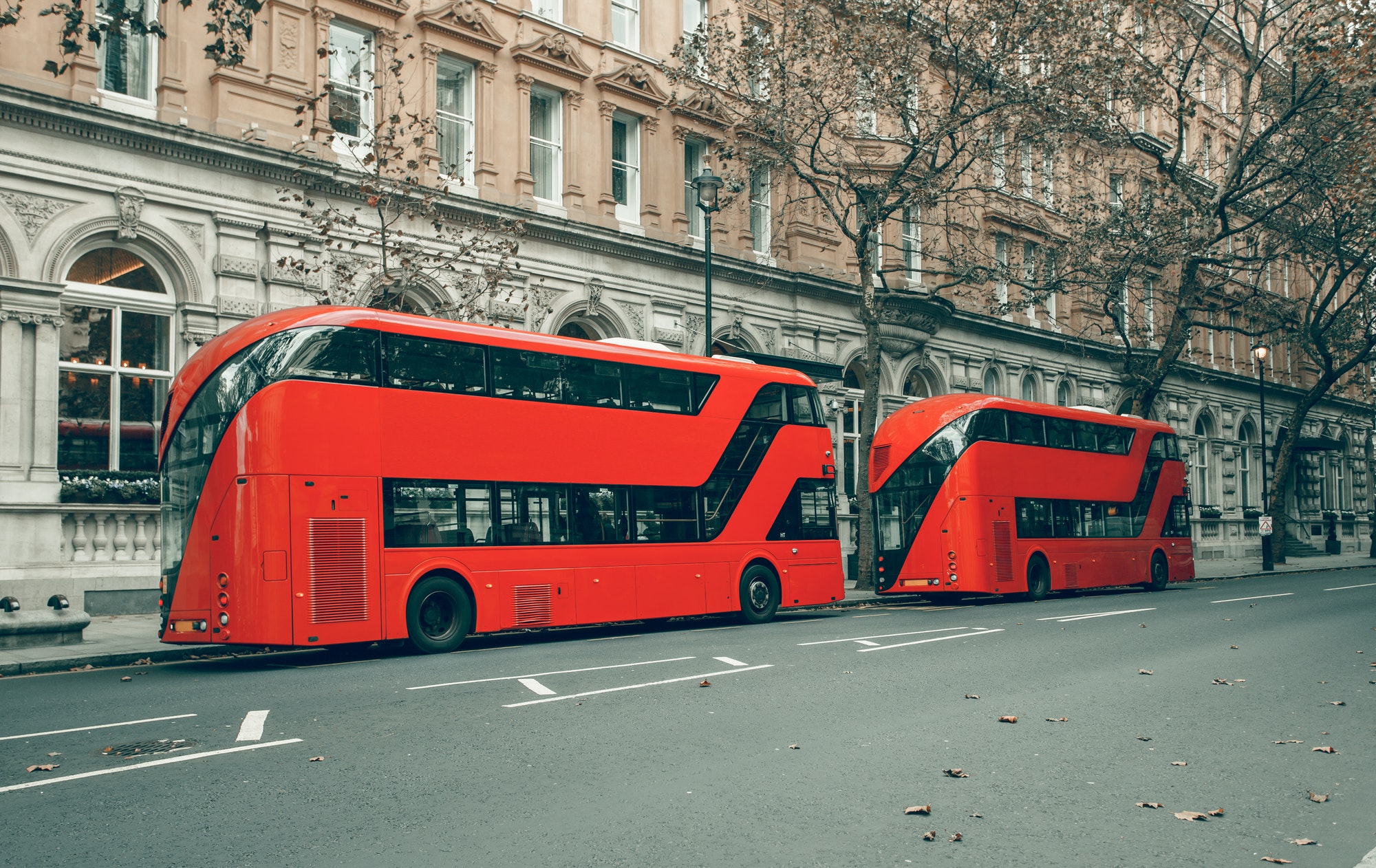 London's red buses in station. Bus of the public transport