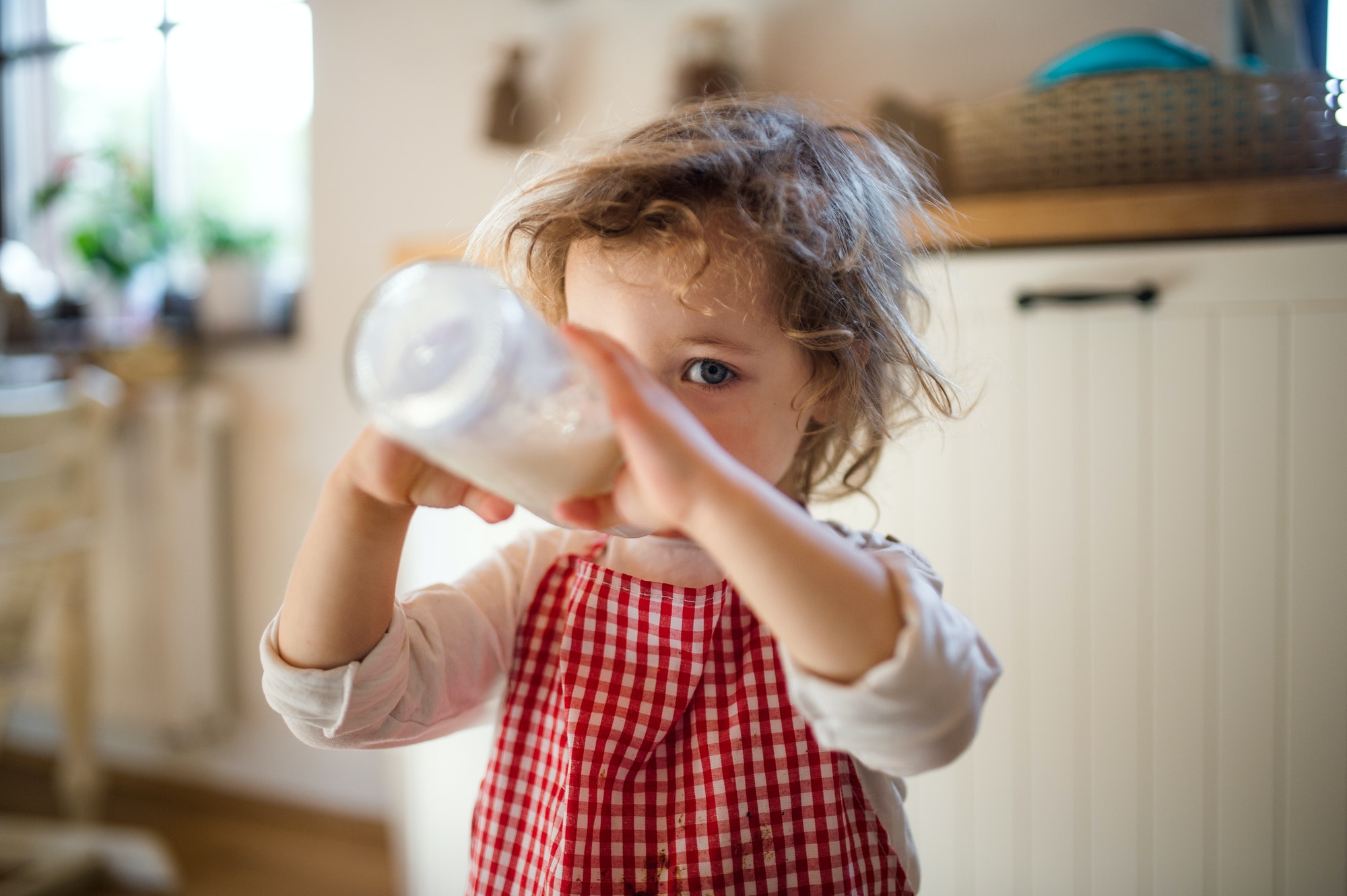 Small girl indoors in kitchen at home, drinking milk from bottle.